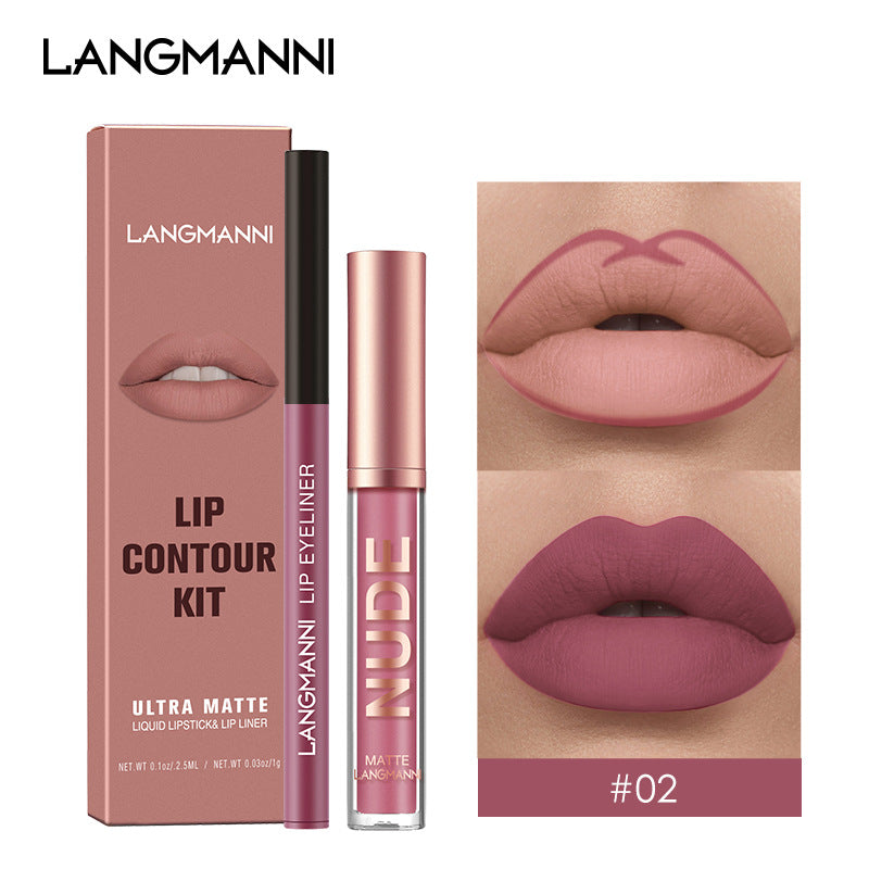 Langmanni Lip Gloss And Lip Liner Combination 2-piece Set Non-staining Matte Lip Gloss Set Cross-border Cosmetics