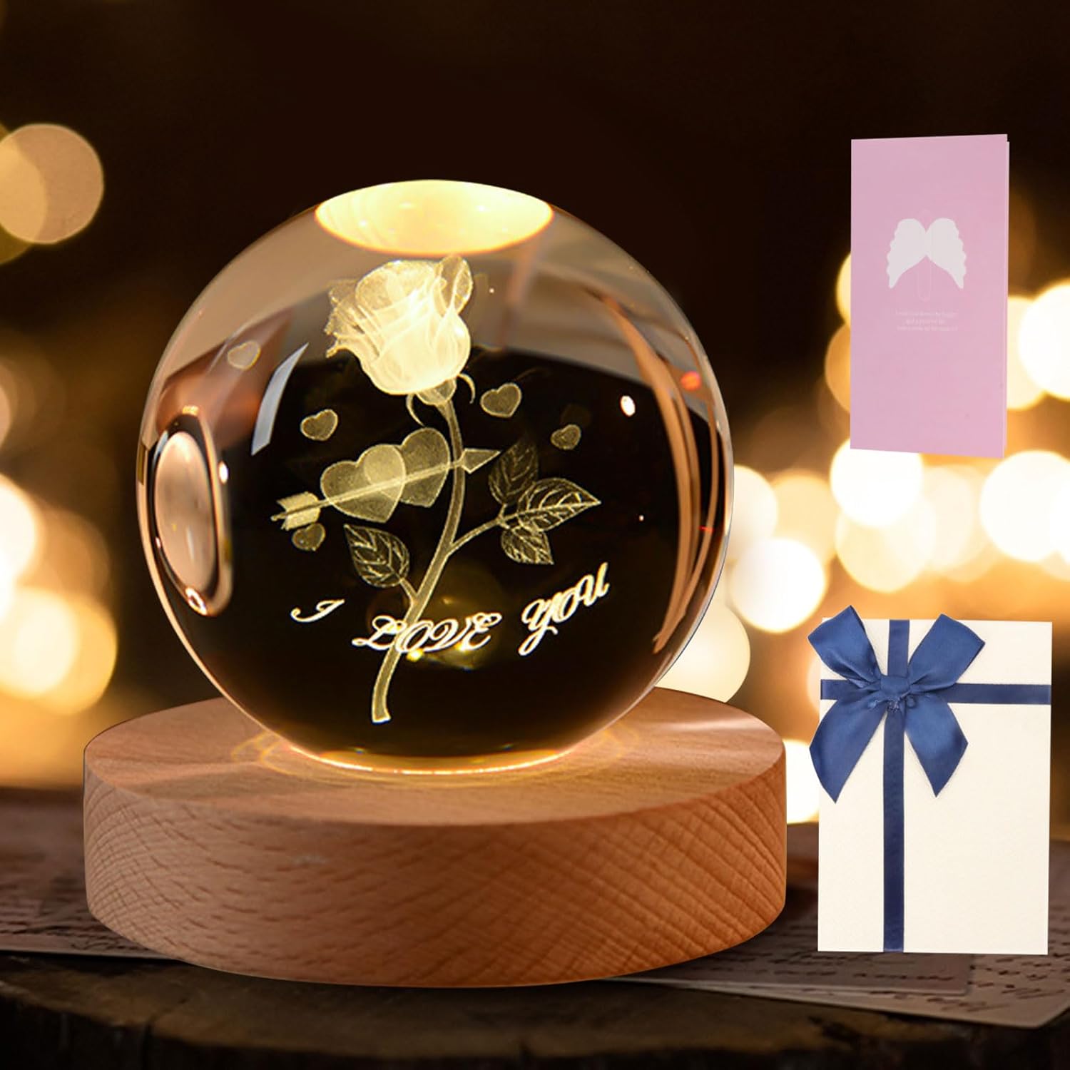 Crystal Ball Flower, 8 Cm Night Light Glass Ball With Wooden Base Crystal Ball Lamp With Glass Ball Gifts