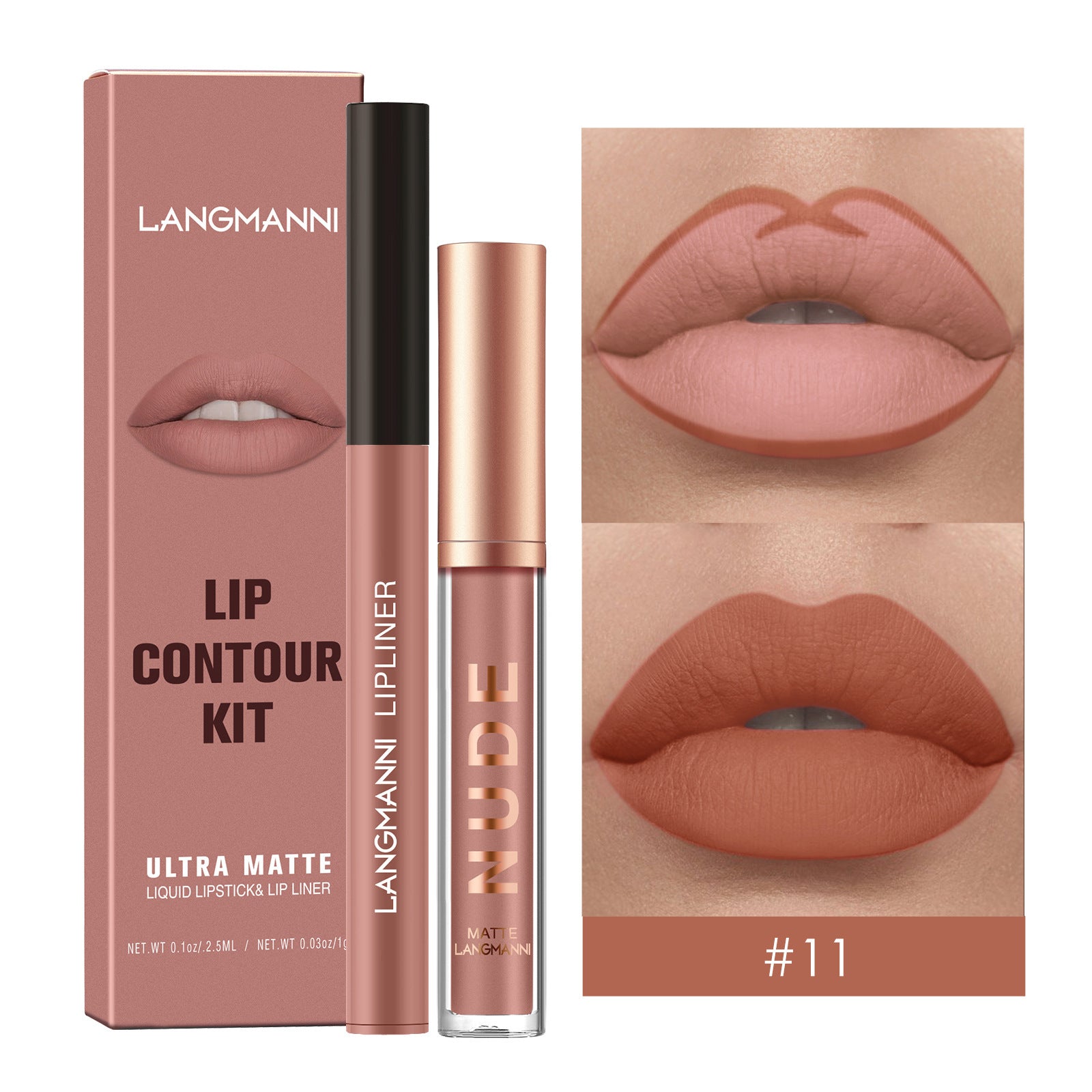 Langmanni Lip Gloss And Lip Liner Combination 2-piece Set Non-staining Matte Lip Gloss Set Cross-border Cosmetics