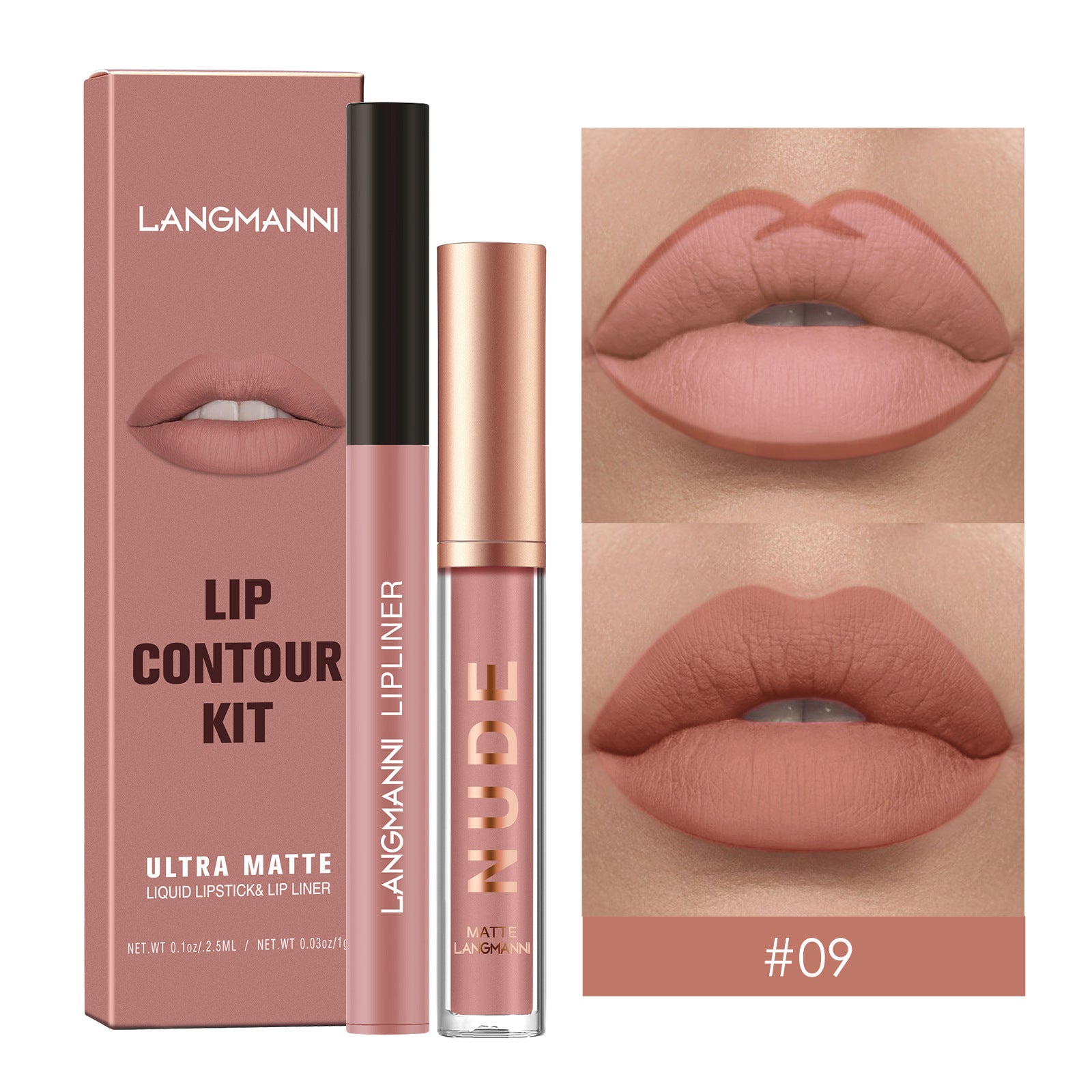 Langmanni Lip Gloss And Lip Liner Combination 2-piece Set Non-staining Matte Lip Gloss Set Cross-border Cosmetics