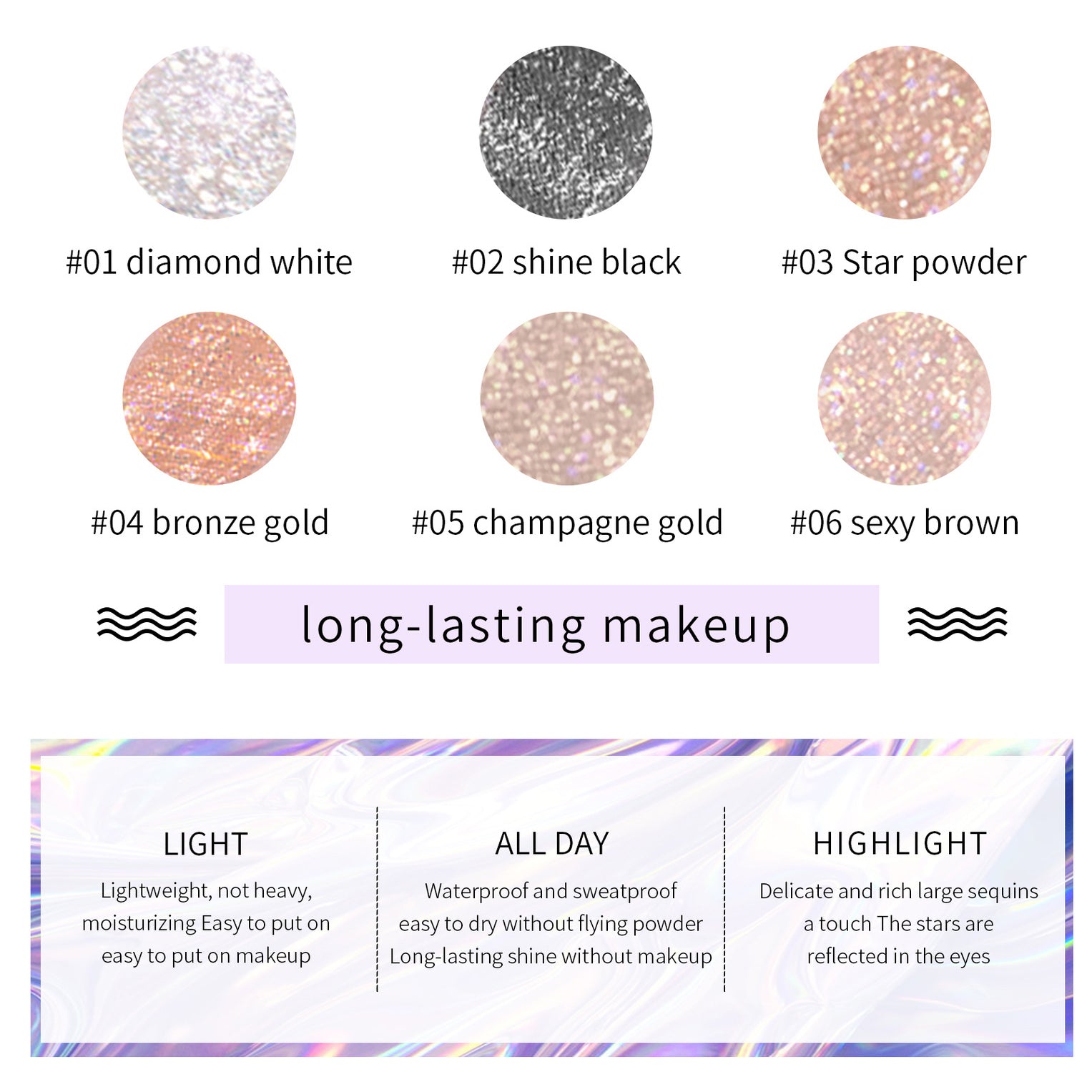 Liquid Glitter Eyeshadow, 3g Diamond Shimmer Eyeshadow Long Lasting Lightweight Quick-Drying Eye Shadow