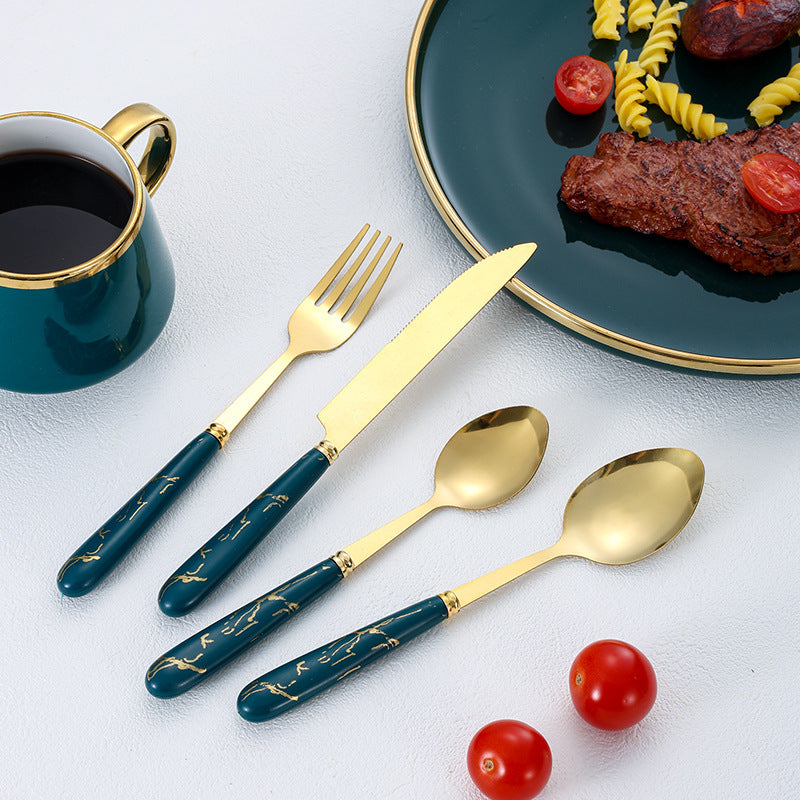 Stainless Steel Cutlery Set Marble Gold Design Porcelain Fork And Spoon (Set Of 24 + Rack)