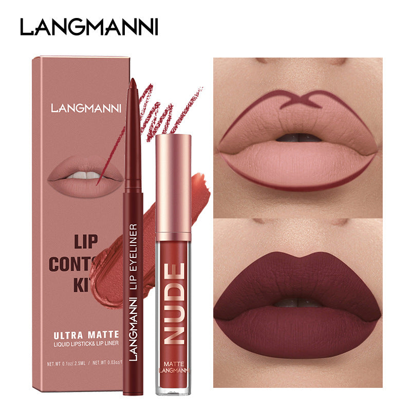 Langmanni Lip Gloss And Lip Liner Combination 2-piece Set Non-staining Matte Lip Gloss Set Cross-border Cosmetics