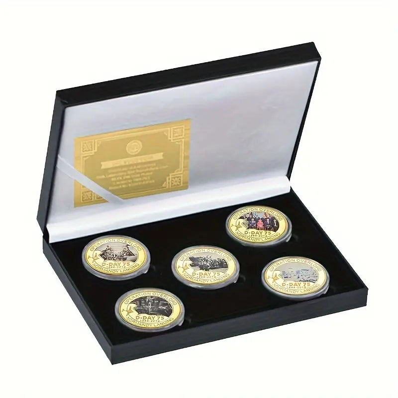 5pcs Golden Normandy War Commemorative Coin Set With Gift Box