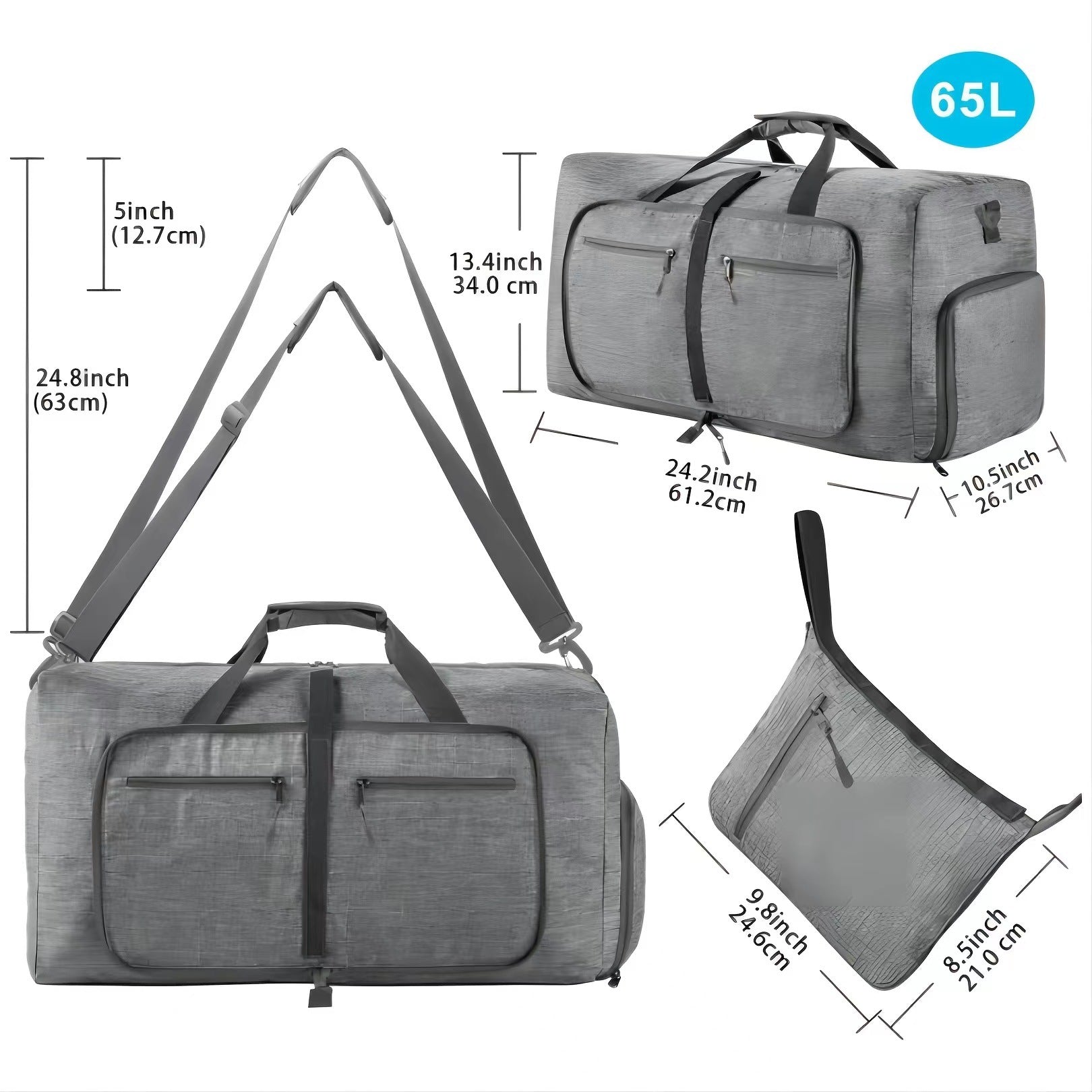 65L Foldable Travel Duffel Bag With Shoes Compartment