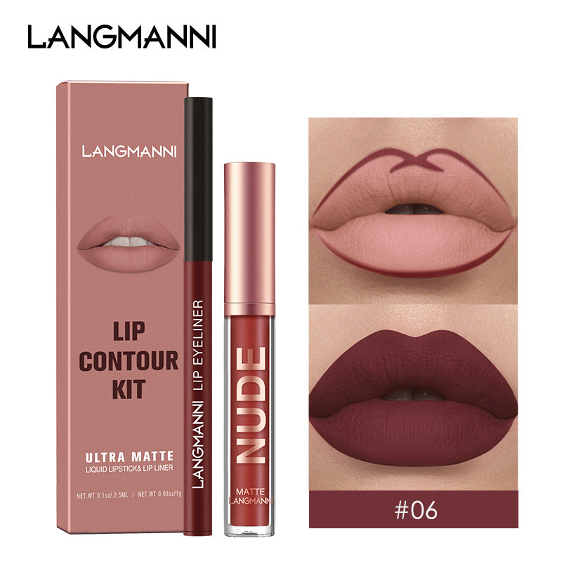 Langmanni Lip Gloss And Lip Liner Combination 2-piece Set Non-staining Matte Lip Gloss Set Cross-border Cosmetics