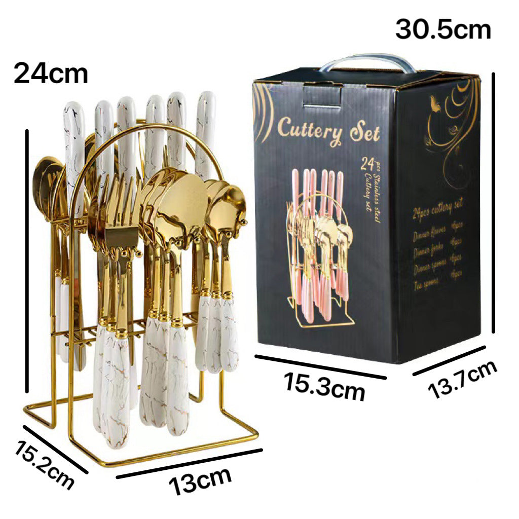 Stainless Steel Cutlery Set Marble Gold Design Porcelain Fork And Spoon (Set Of 24 + Rack)