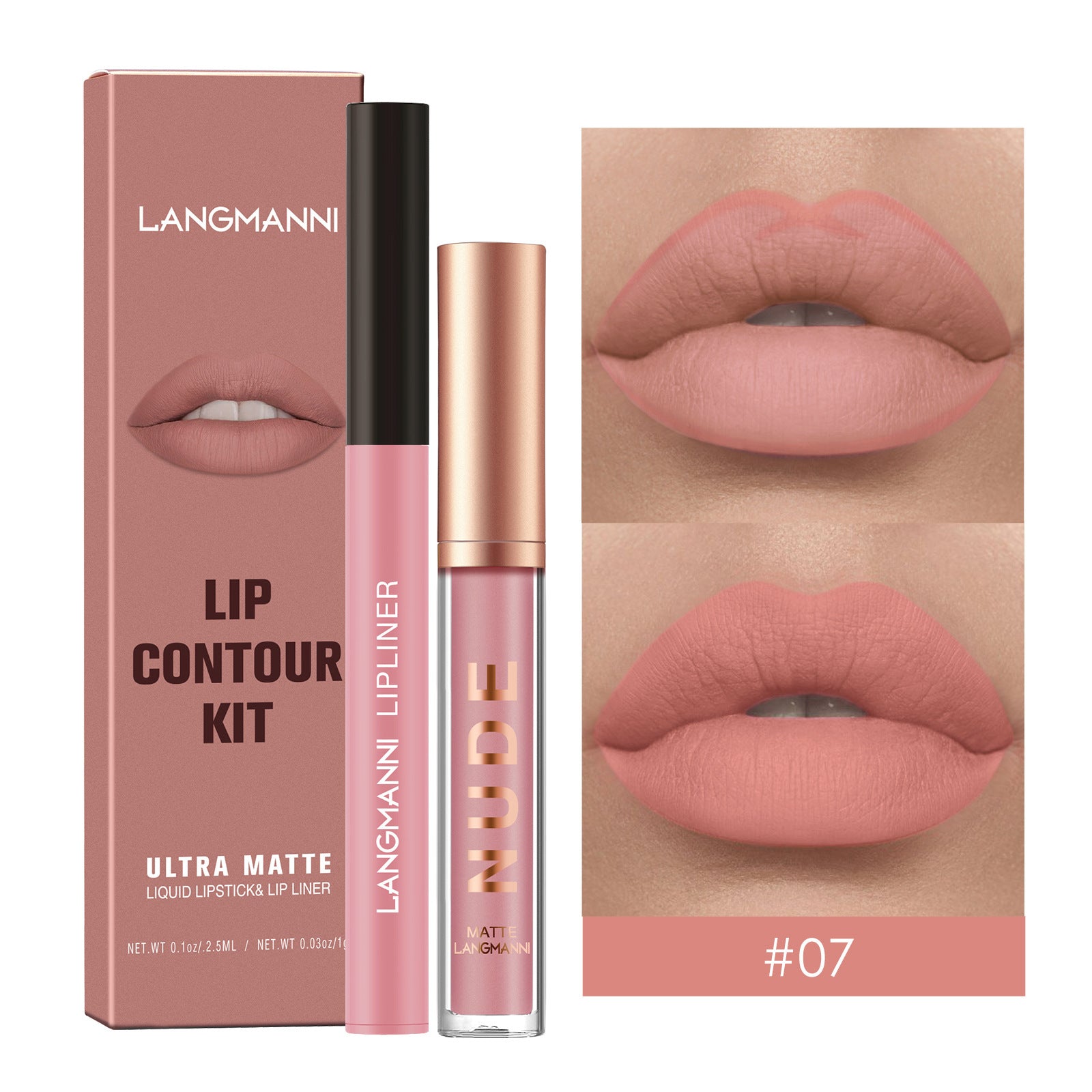 Langmanni Lip Gloss And Lip Liner Combination 2-piece Set Non-staining Matte Lip Gloss Set Cross-border Cosmetics