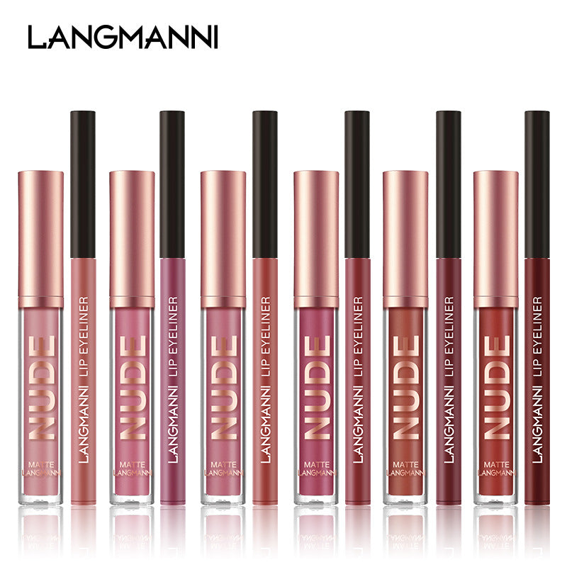 Langmanni Lip Gloss And Lip Liner Combination 2-piece Set Non-staining Matte Lip Gloss Set Cross-border Cosmetics