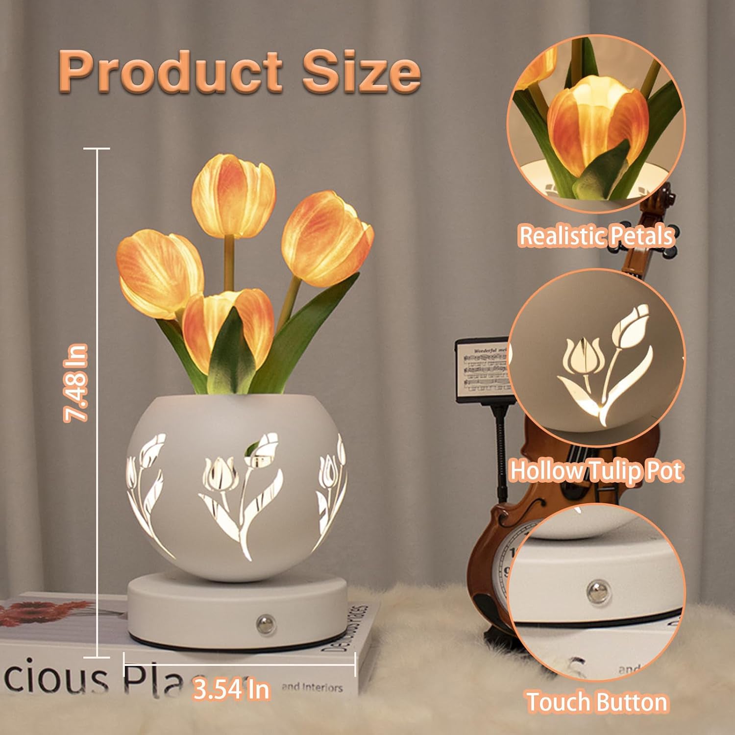 Tulip Night Light USB Rechargeable Flower With Vase LED Desk Lamp