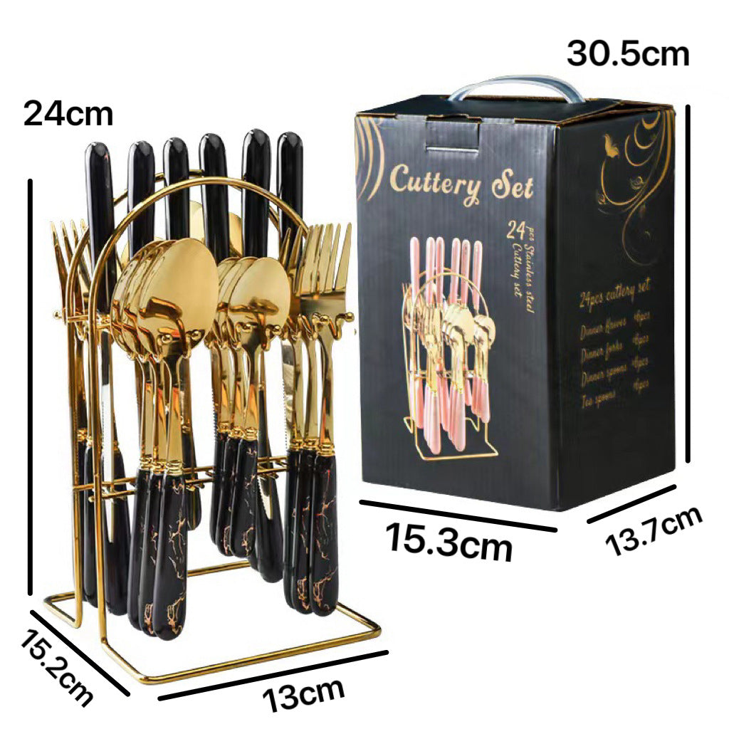 Stainless Steel Cutlery Set Marble Gold Design Porcelain Fork And Spoon (Set Of 24 + Rack)