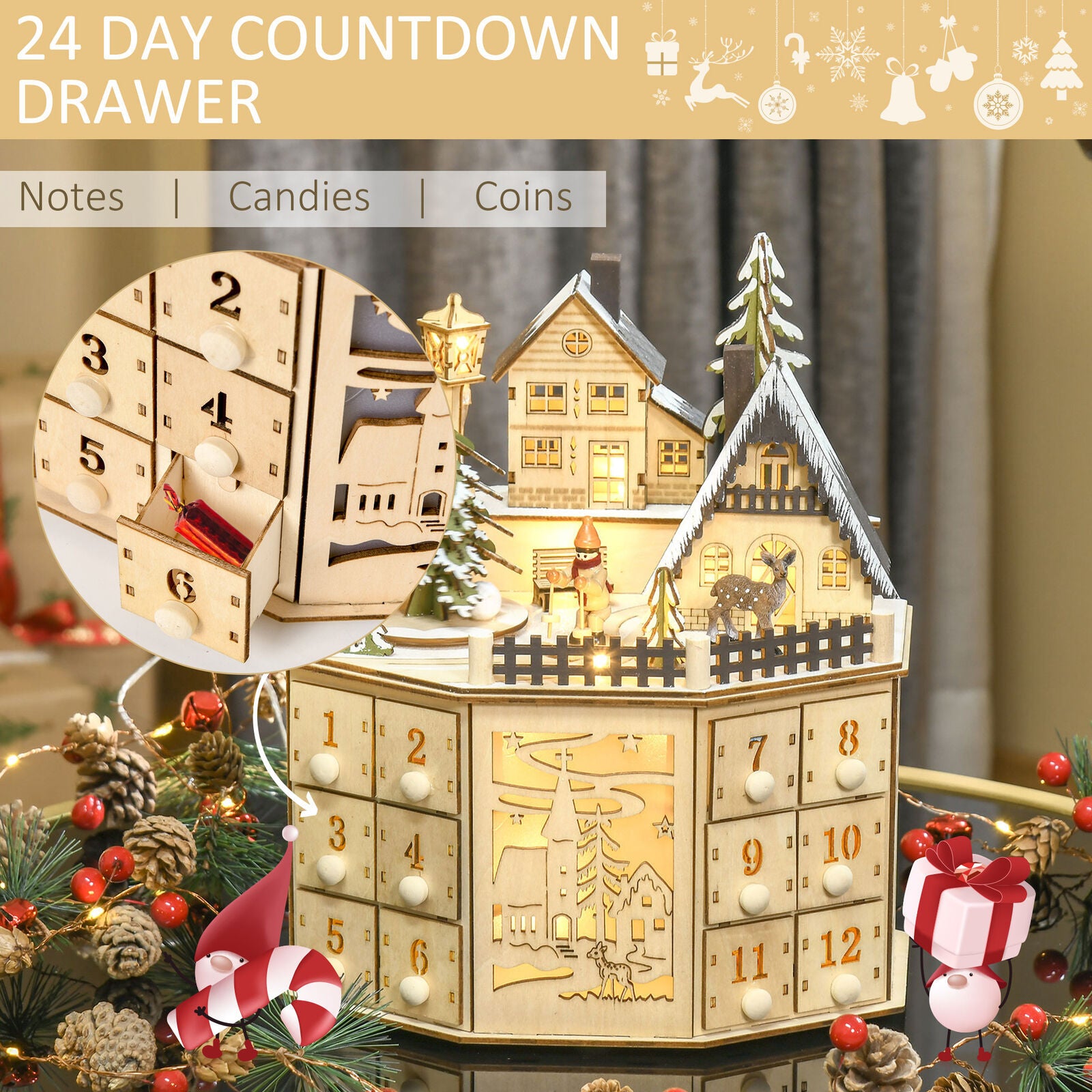 Christmas Wooden Advent Calendar Countdown Box With 24 Drawers