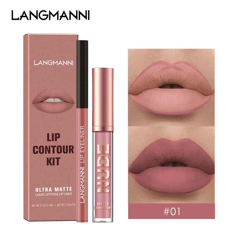 Langmanni Lip Gloss And Lip Liner Combination 2-piece Set Non-staining Matte Lip Gloss Set Cross-border Cosmetics