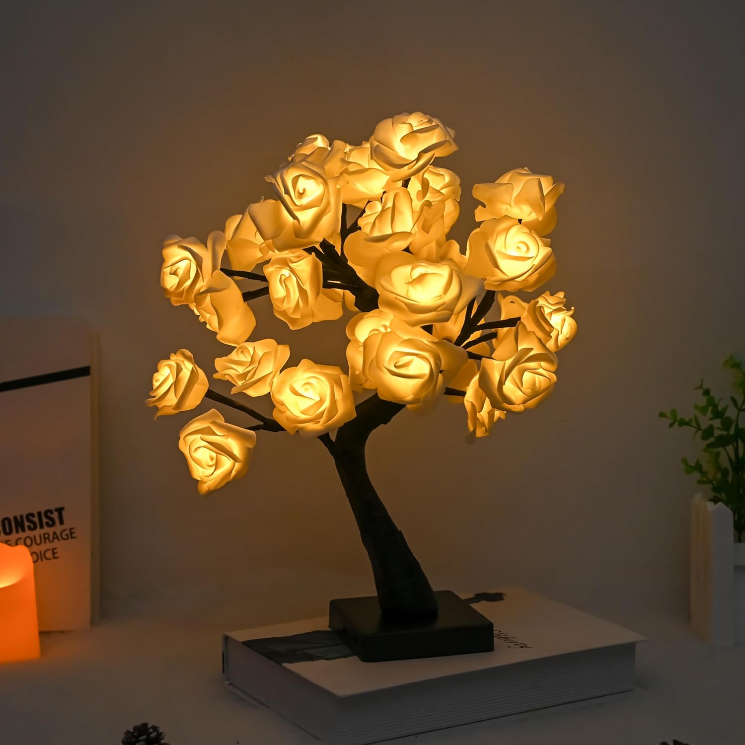 Rose Flower Tree Lamp, Led Rose Table Lamp Home Decor USB Battery Powered