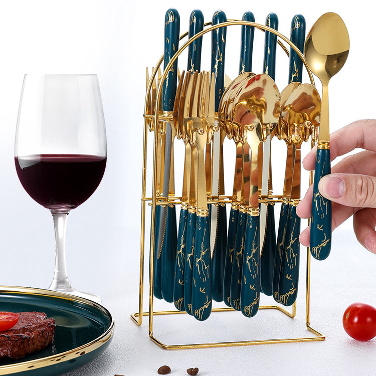 Stainless Steel Cutlery Set Marble Gold Design Porcelain Fork And Spoon (Set Of 24 + Rack)