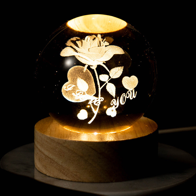 Crystal Ball Flower, 8 Cm Night Light Glass Ball With Wooden Base Crystal Ball Lamp With Glass Ball Gifts