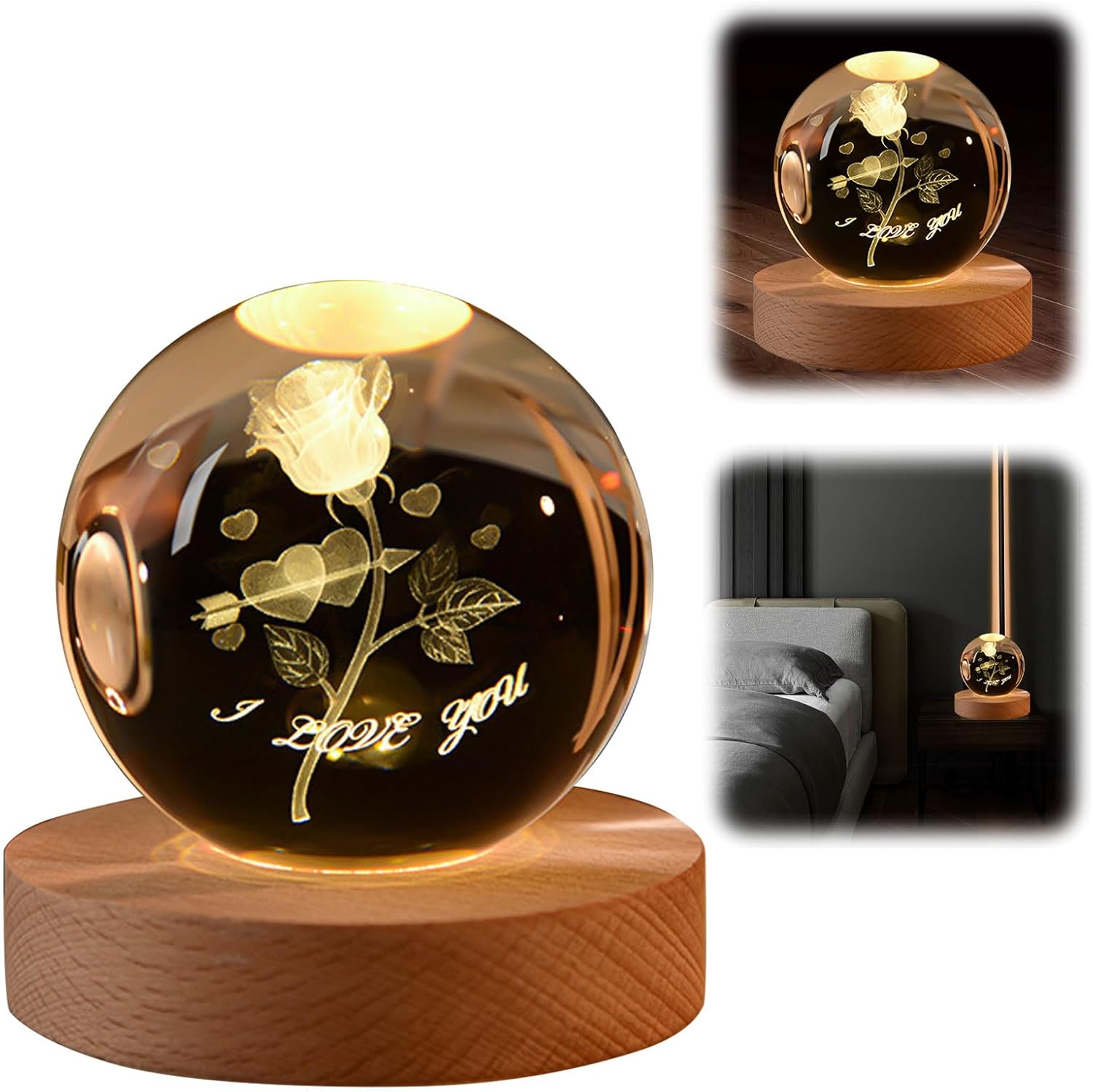 Crystal Ball Flower, 8 Cm Night Light Glass Ball With Wooden Base Crystal Ball Lamp With Glass Ball Gifts