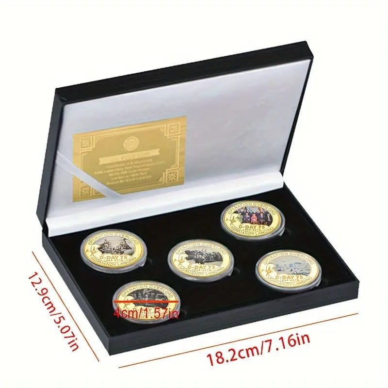 5pcs Golden Normandy War Commemorative Coin Set With Gift Box