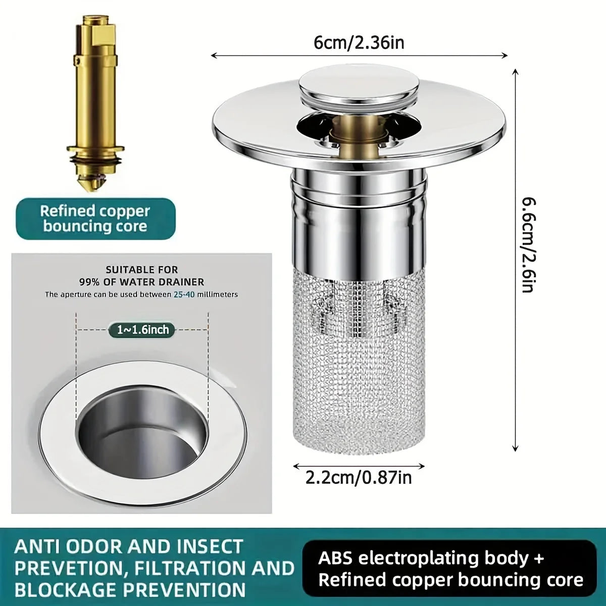 Rust-Resistant Stainless Steel Sink Stopper Odor-Proof Pop-Up Plug With Bouncing Core Effortless Drain Blocker