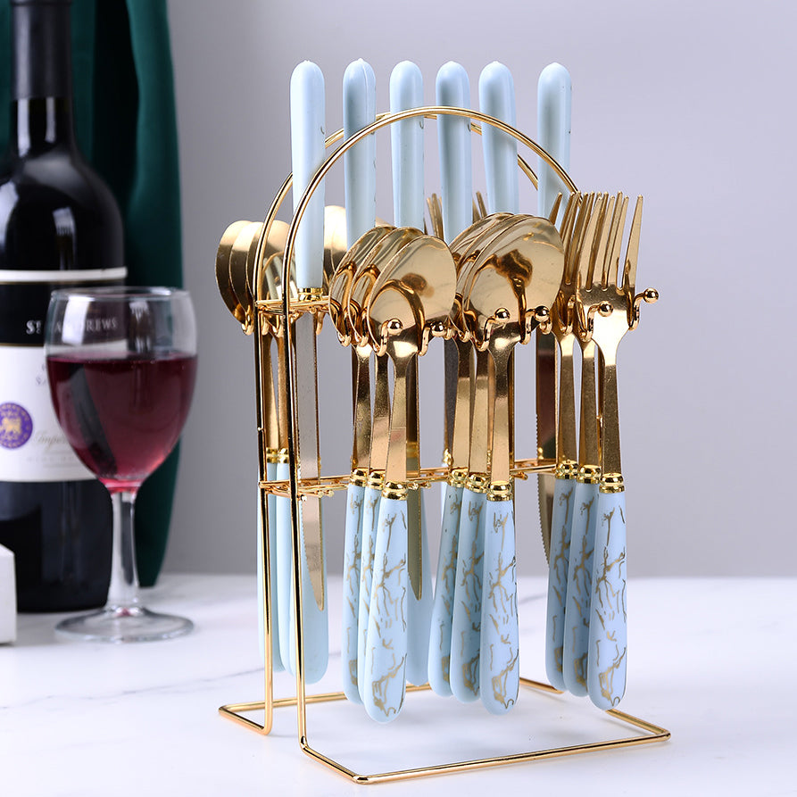 Stainless Steel Cutlery Set Marble Gold Design Porcelain Fork And Spoon (Set Of 24 + Rack)