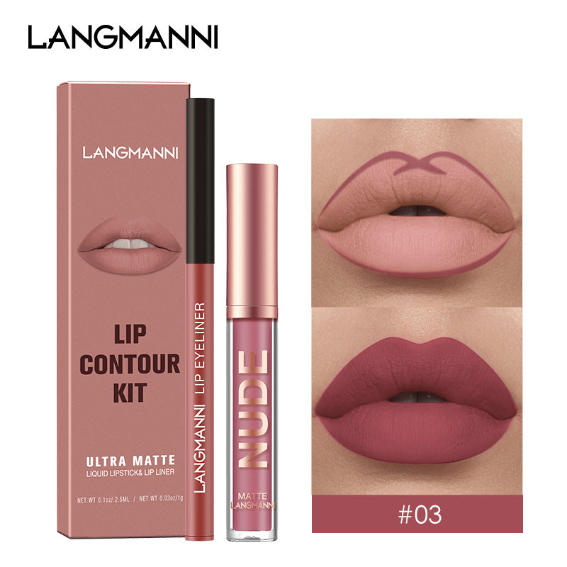 Langmanni Lip Gloss And Lip Liner Combination 2-piece Set Non-staining Matte Lip Gloss Set Cross-border Cosmetics