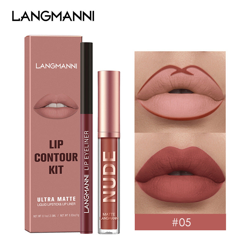 Langmanni Lip Gloss And Lip Liner Combination 2-piece Set Non-staining Matte Lip Gloss Set Cross-border Cosmetics