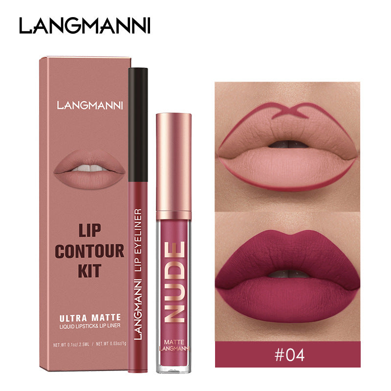 Langmanni Lip Gloss And Lip Liner Combination 2-piece Set Non-staining Matte Lip Gloss Set Cross-border Cosmetics