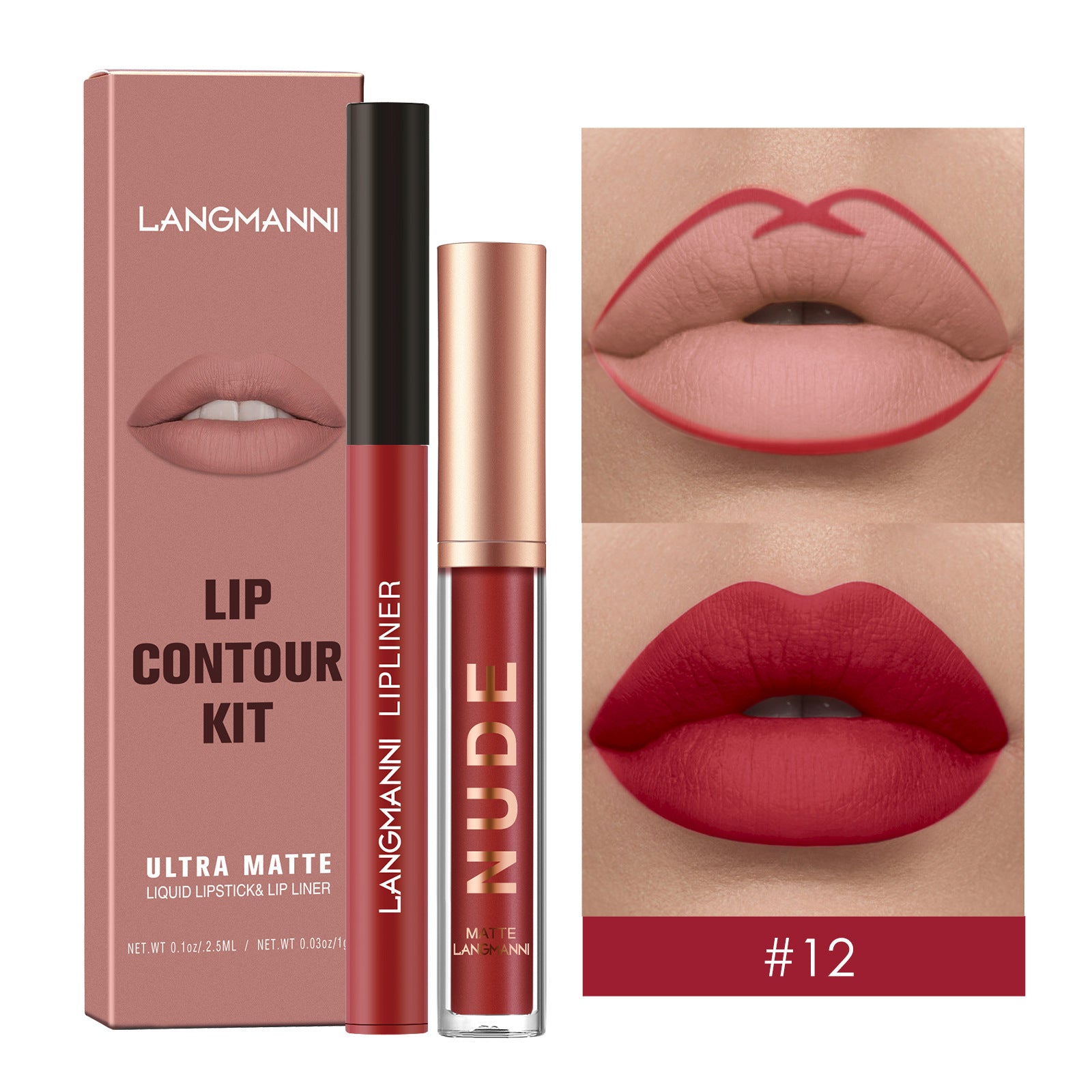 Langmanni Lip Gloss And Lip Liner Combination 2-piece Set Non-staining Matte Lip Gloss Set Cross-border Cosmetics