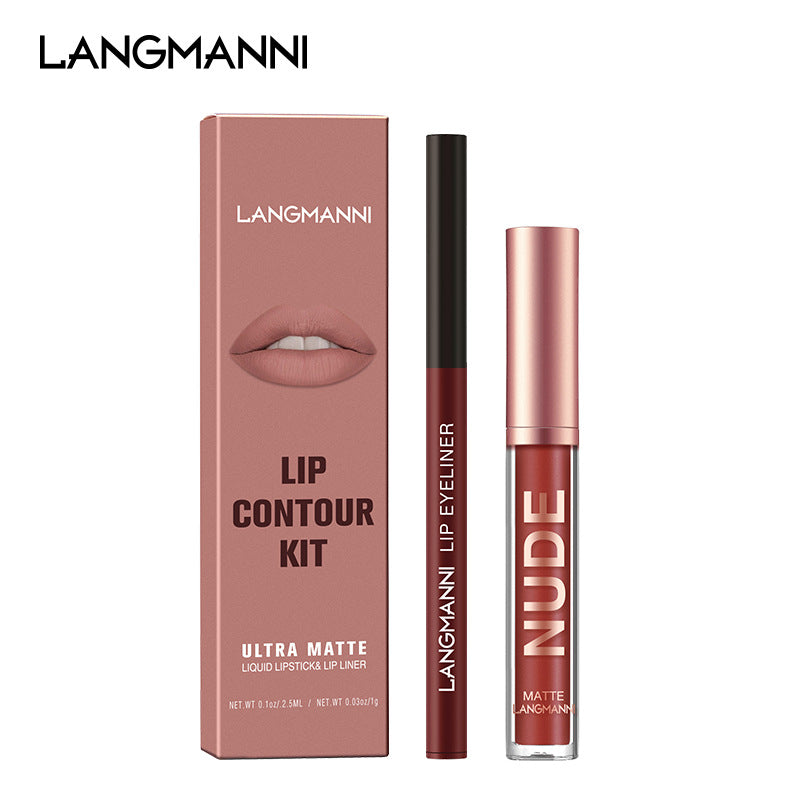 Langmanni Lip Gloss And Lip Liner Combination 2-piece Set Non-staining Matte Lip Gloss Set Cross-border Cosmetics