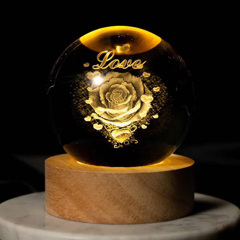 Crystal Ball Flower, 8 Cm Night Light Glass Ball With Wooden Base Crystal Ball Lamp With Glass Ball Gifts