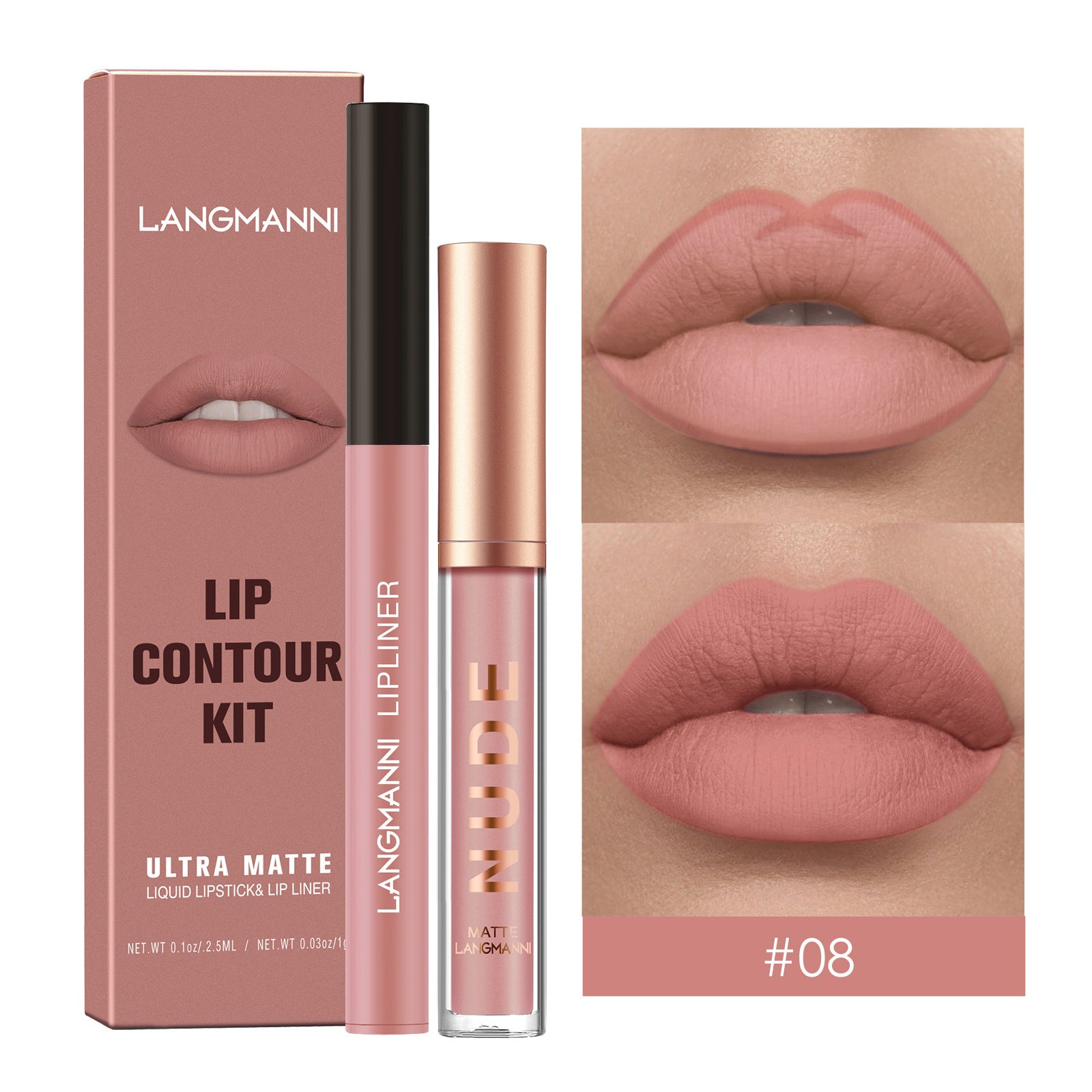 Langmanni Lip Gloss And Lip Liner Combination 2-piece Set Non-staining Matte Lip Gloss Set Cross-border Cosmetics