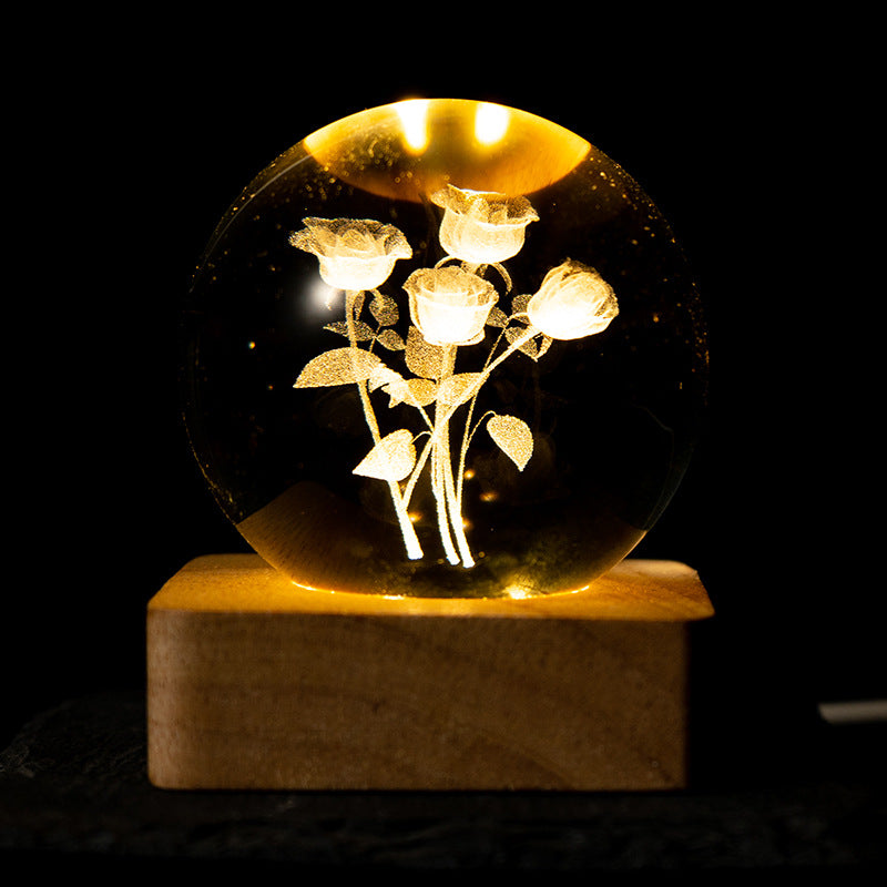 Crystal Ball Flower, 8 Cm Night Light Glass Ball With Wooden Base Crystal Ball Lamp With Glass Ball Gifts