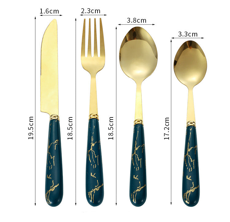 Stainless Steel Cutlery Set Marble Gold Design Porcelain Fork And Spoon (Set Of 24 + Rack)