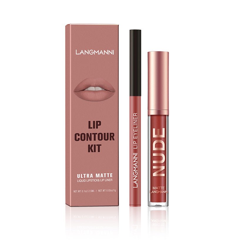 Langmanni Lip Gloss And Lip Liner Combination 2-piece Set Non-staining Matte Lip Gloss Set Cross-border Cosmetics