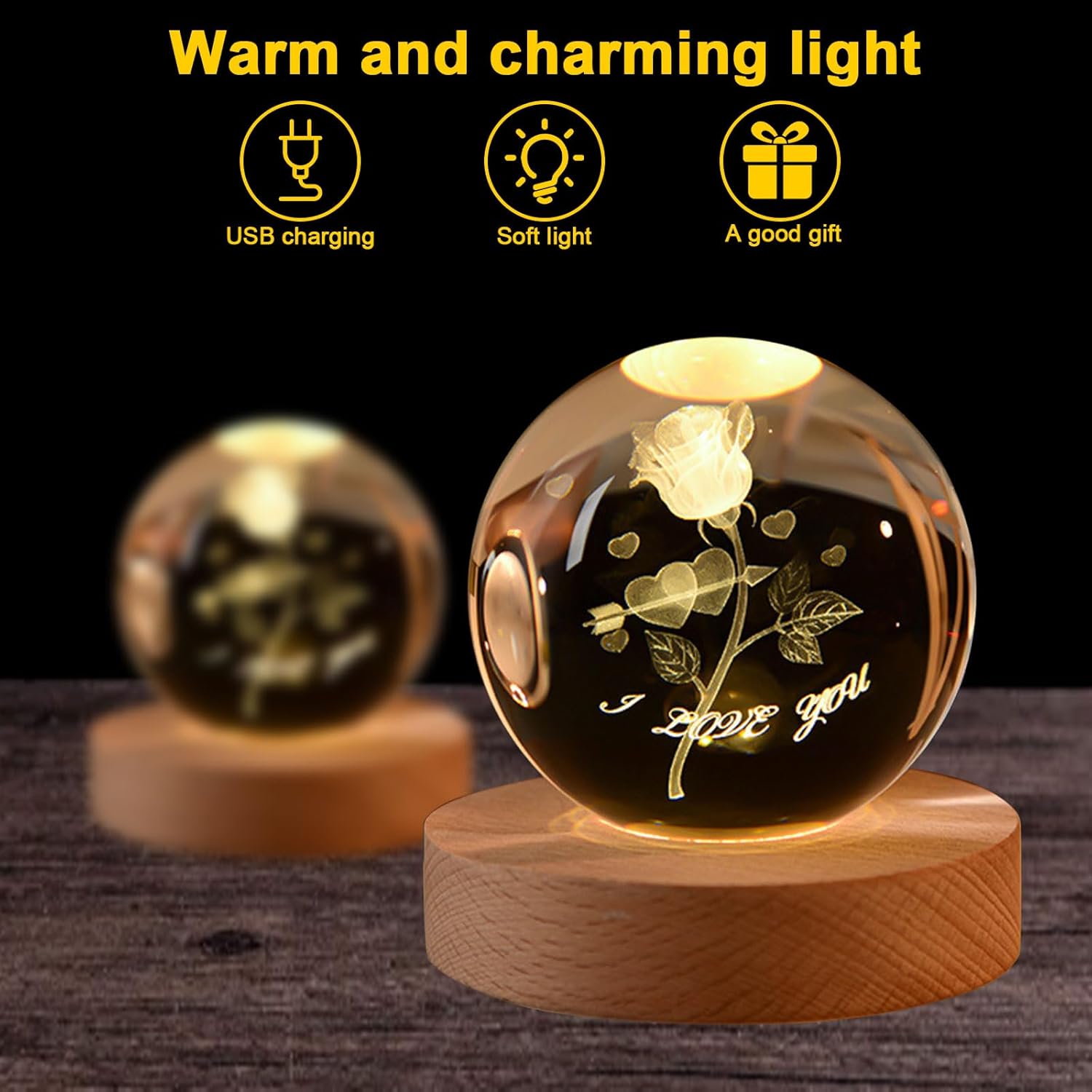 Crystal Ball Flower, 8 Cm Night Light Glass Ball With Wooden Base Crystal Ball Lamp With Glass Ball Gifts